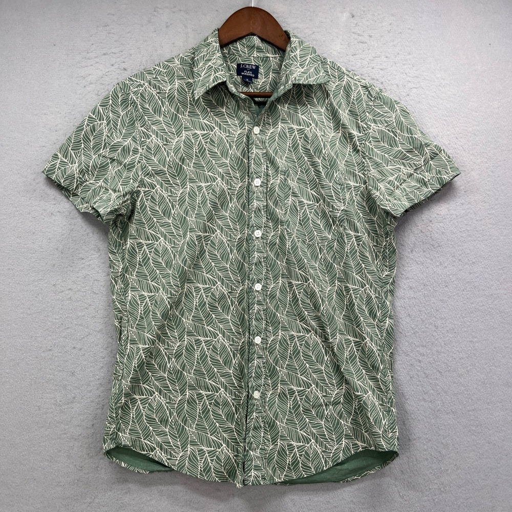 J Crew Button Up Shirt Mens Small Green Flex Washed Leaf Abstract Stretch Casual